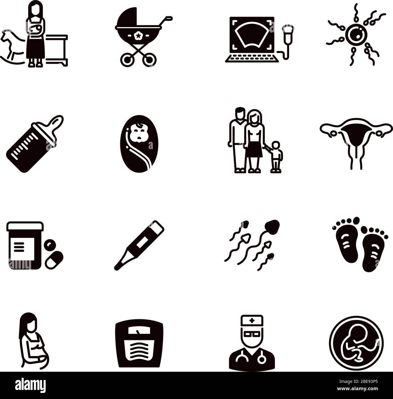 Icone vettoriali per mamma e bambino in gravidanza. Donna ginecologia e gravidanza nero silhouette simboli isolati. Illustrazione della silhouette donna incinta, maternità e ginecologia, maternità e parto Illustrazione Vettoriale