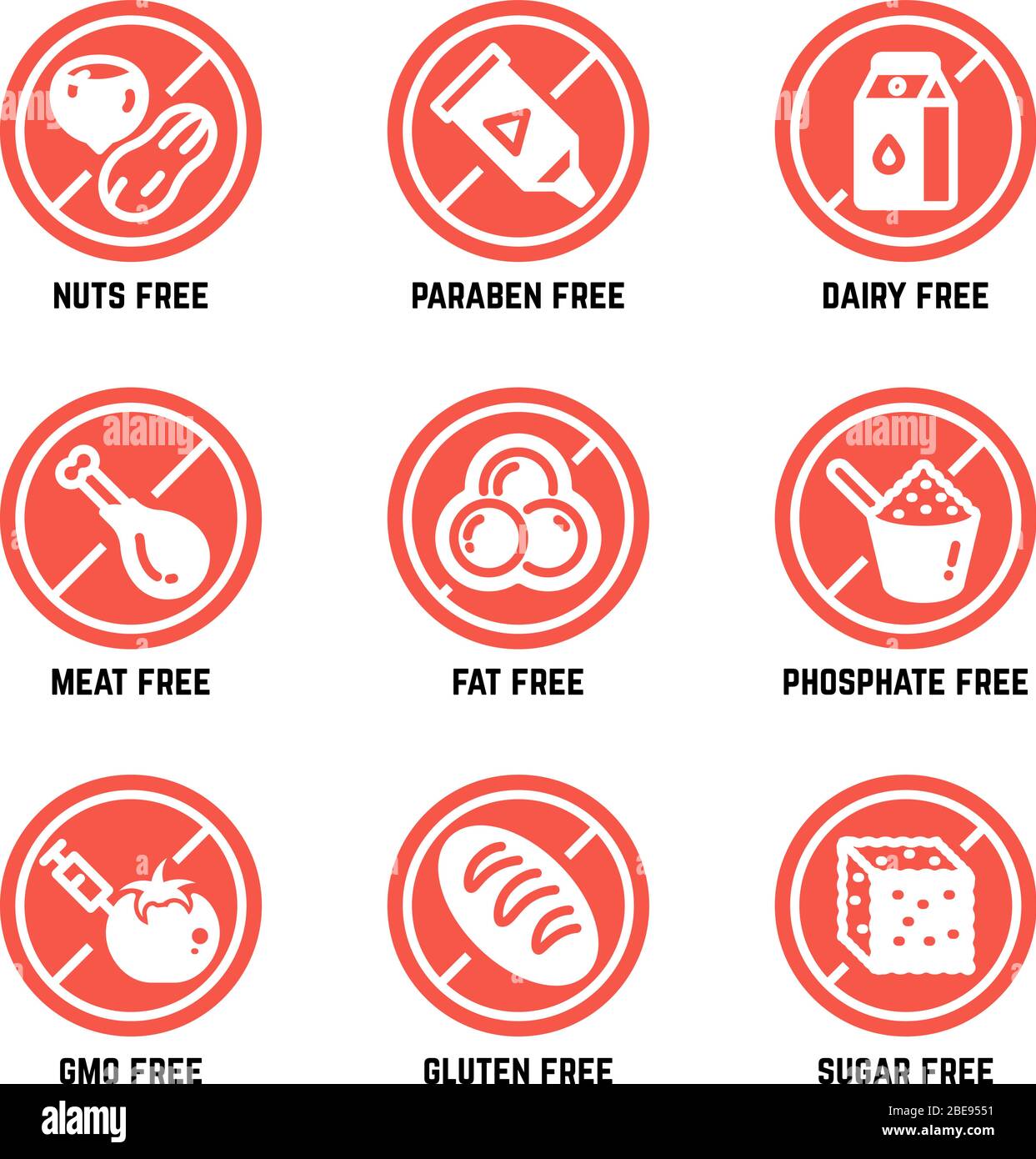 Simboli alimentari dietetici. Set di icone per vettori senza OGM, senza glutine, senza glutine e allergici. Niente zucchero e glutine, divieto di ogm e fosfato Illustrazione Vettoriale