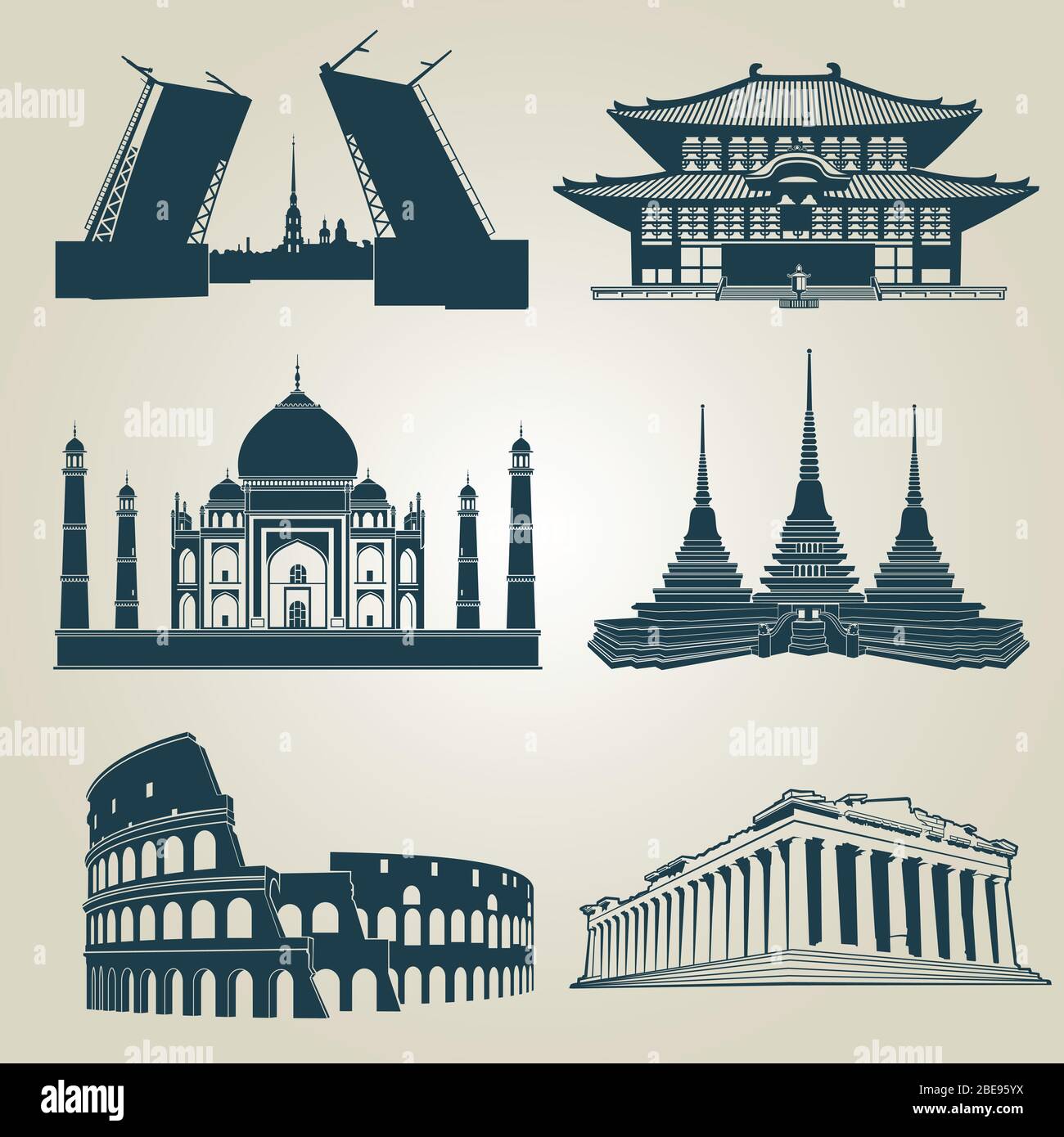 Sagome vettoriali di attrazioni turistiche del mondo. Famosi luoghi di interesse e simboli di destinazione pantheon e taj mahal, colosseo e famosa illustrazione di punti di riferimento Illustrazione Vettoriale