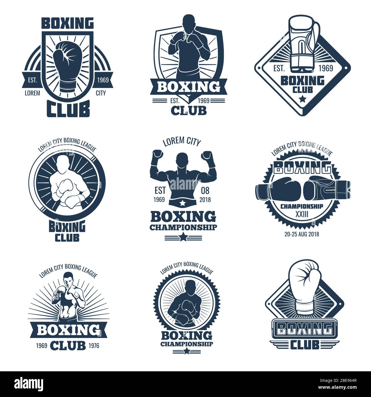 Etichette vettoriali e badge per club sportivo vintage boxing. Emblema con illustrazione del campione di pugile Illustrazione Vettoriale