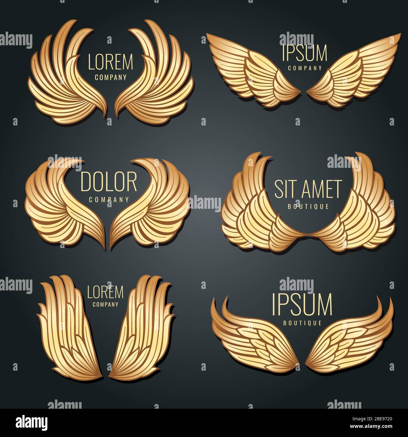 Set vettoriale con logo Golden Wing. Angeli e l'elita dell'uccello etichette d'oro per il disegno corporativo di identità. Illustrazione del distintivo delle ali di volo di Angelo e aquila Illustrazione Vettoriale
