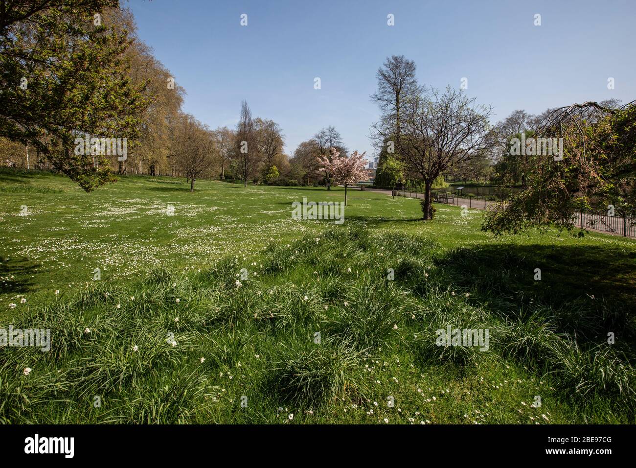 Vuoto nel St James's Park durante il blocco delle pandemiche distanze sociali del coronavirus COVID-19 in tutta Londra, Inghilterra, Regno Unito Foto Stock