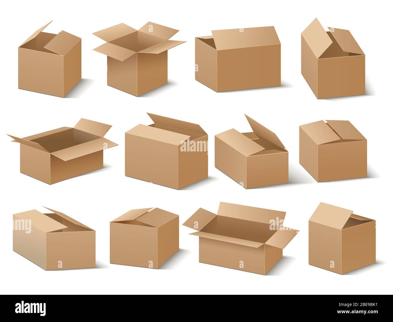 Confezione di cartone per la consegna e la spedizione. Set vettoriale scatole di cartone marrone. Scatola di cartone per il trasporto e l'illustrazione dell'imballaggio Illustrazione Vettoriale