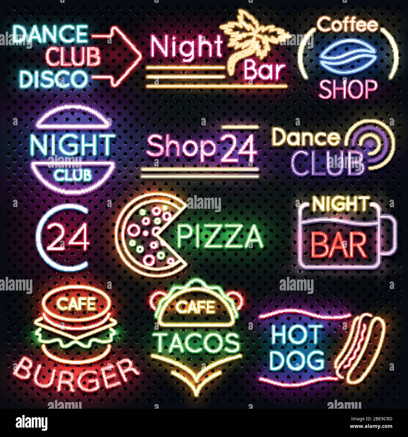 Segnali al neon luminosi sul lato della strada. Fast food e birra pub Light Vector icone. Hot dog e hamburger, tacos e pizza, illustrazione vettoriale Illustrazione Vettoriale