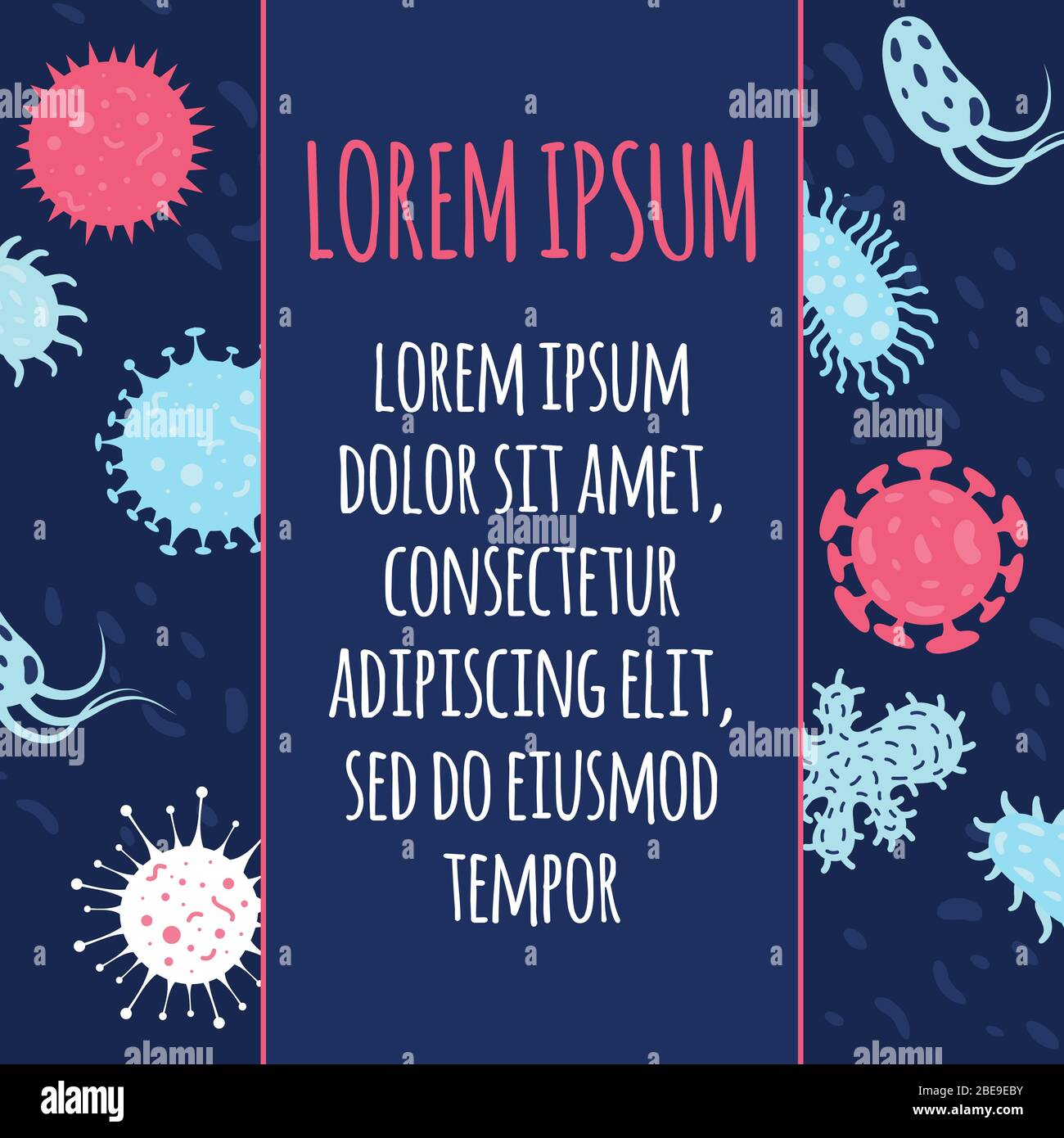 Poster con microbi e batterie. Scienza biologia salute, organismo medico, illustrazione vettoriale Illustrazione Vettoriale