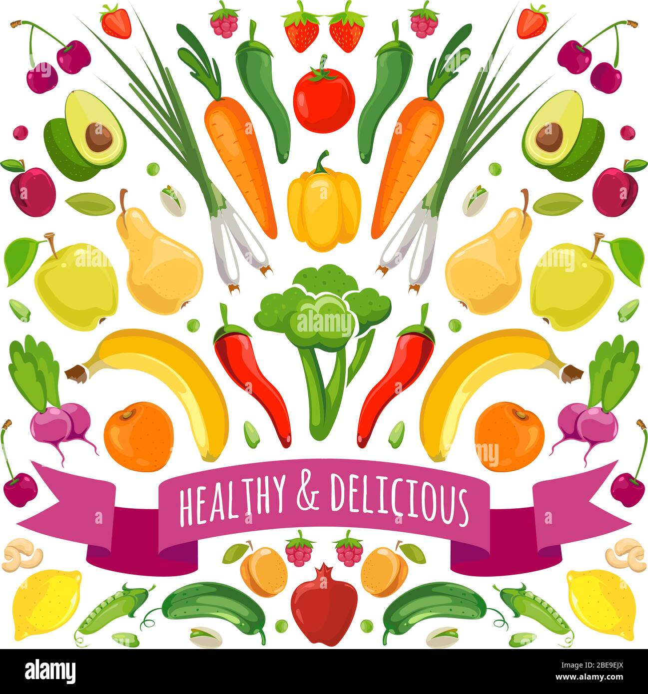 Illustrazione vettoriale di frutta e verdura. Cibo frutta e verdura fresca Illustrazione Vettoriale