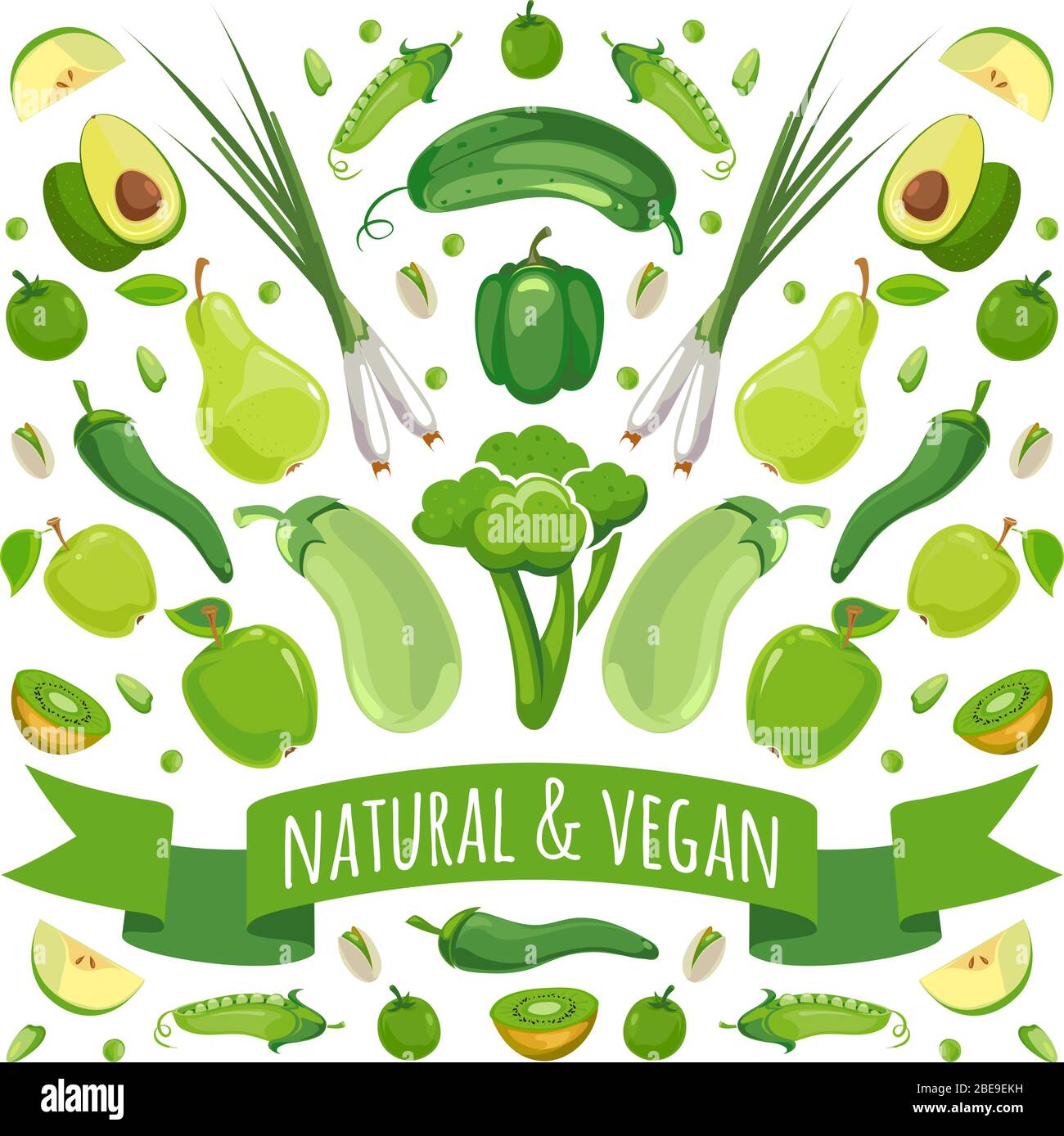 Illustrazione vettoriale di frutta e verdura verdi. Verdure vegetariane biologiche Illustrazione Vettoriale