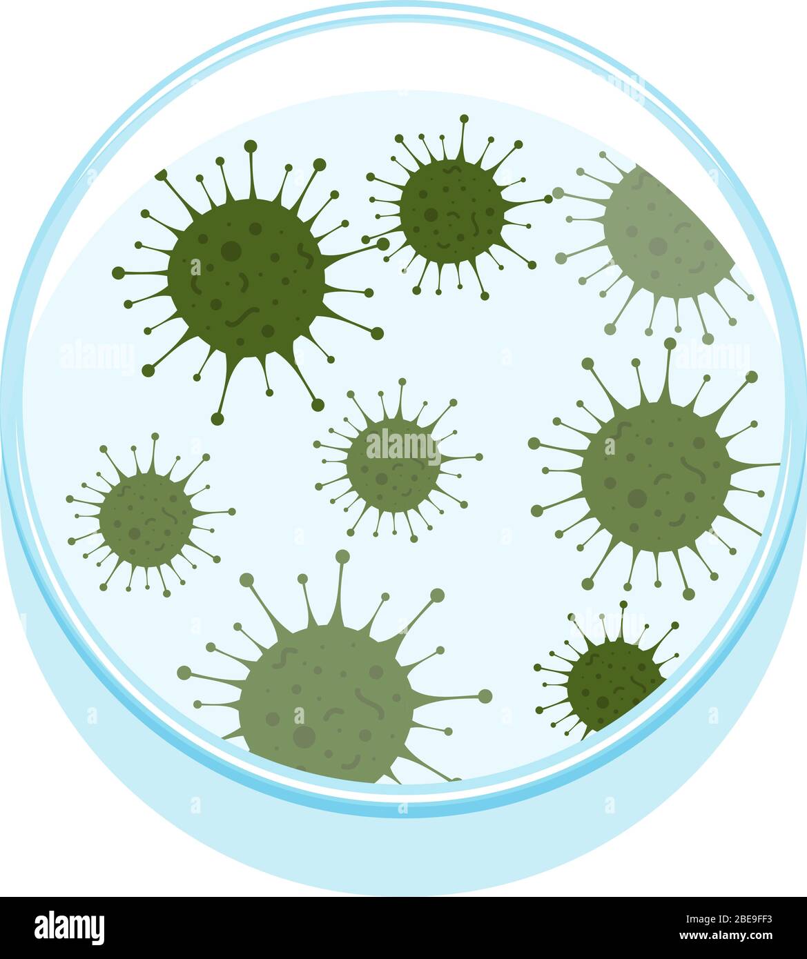 Illustrazione vettoriale di una piastra Petri con microbi. Batteri di ricerca di laboratorio Illustrazione Vettoriale