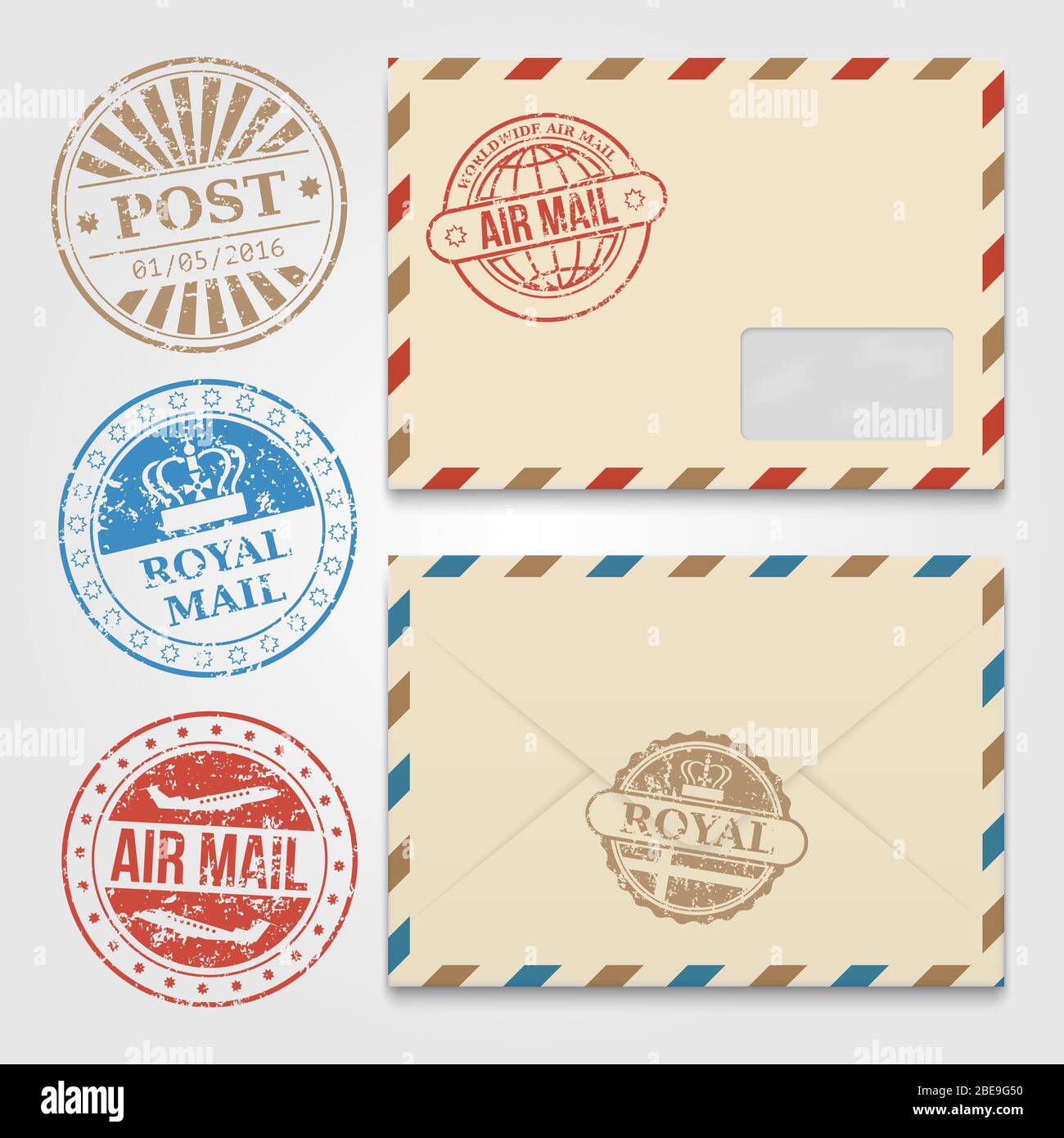 Modello di buste vintage con francobolli postali grunge. Busta con timbro per posta aerea. Illustrazione vettoriale Illustrazione Vettoriale