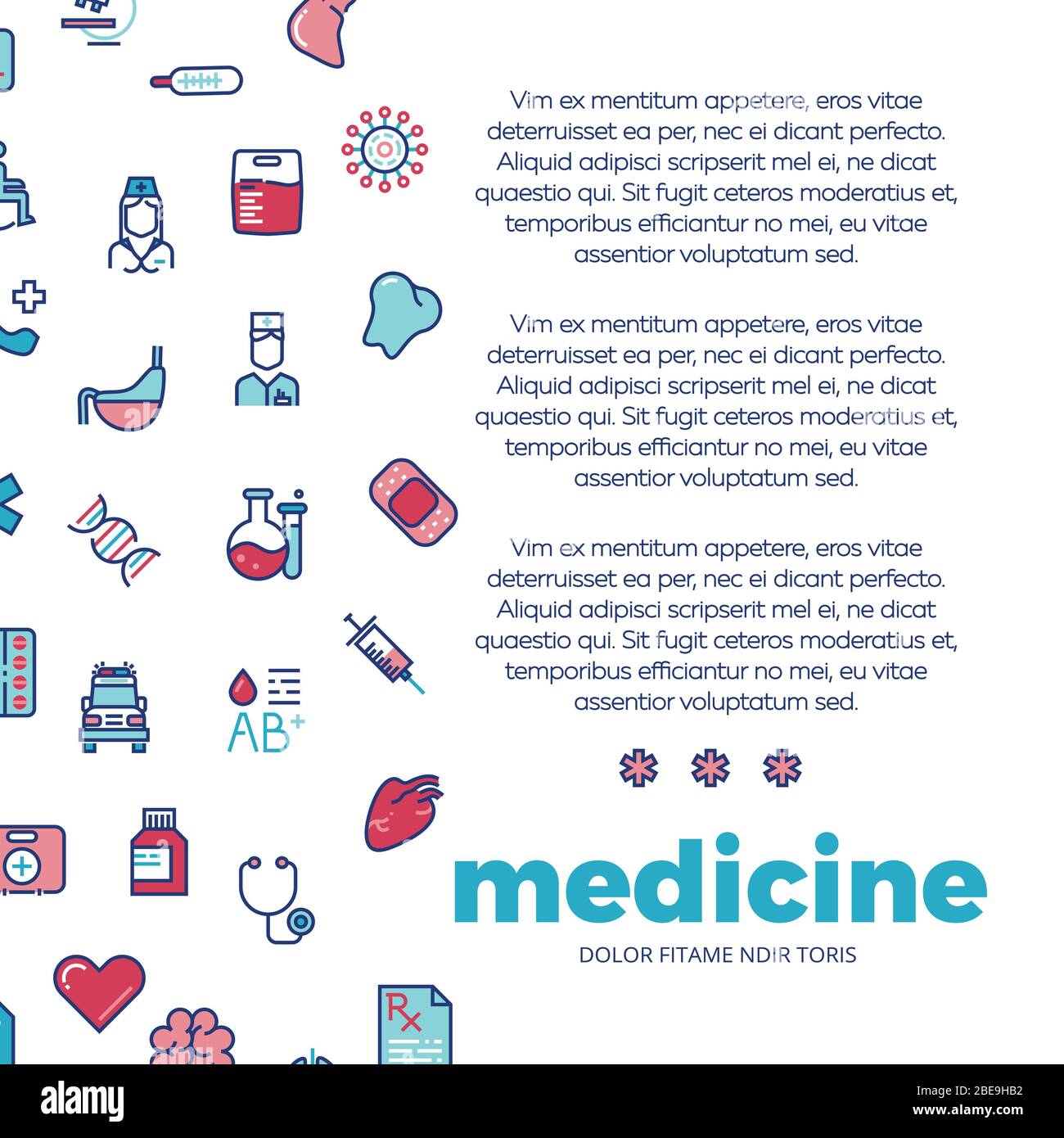 Poster con icone della linea di medicina. Banner web medico, illustrazione vettoriale Illustrazione Vettoriale