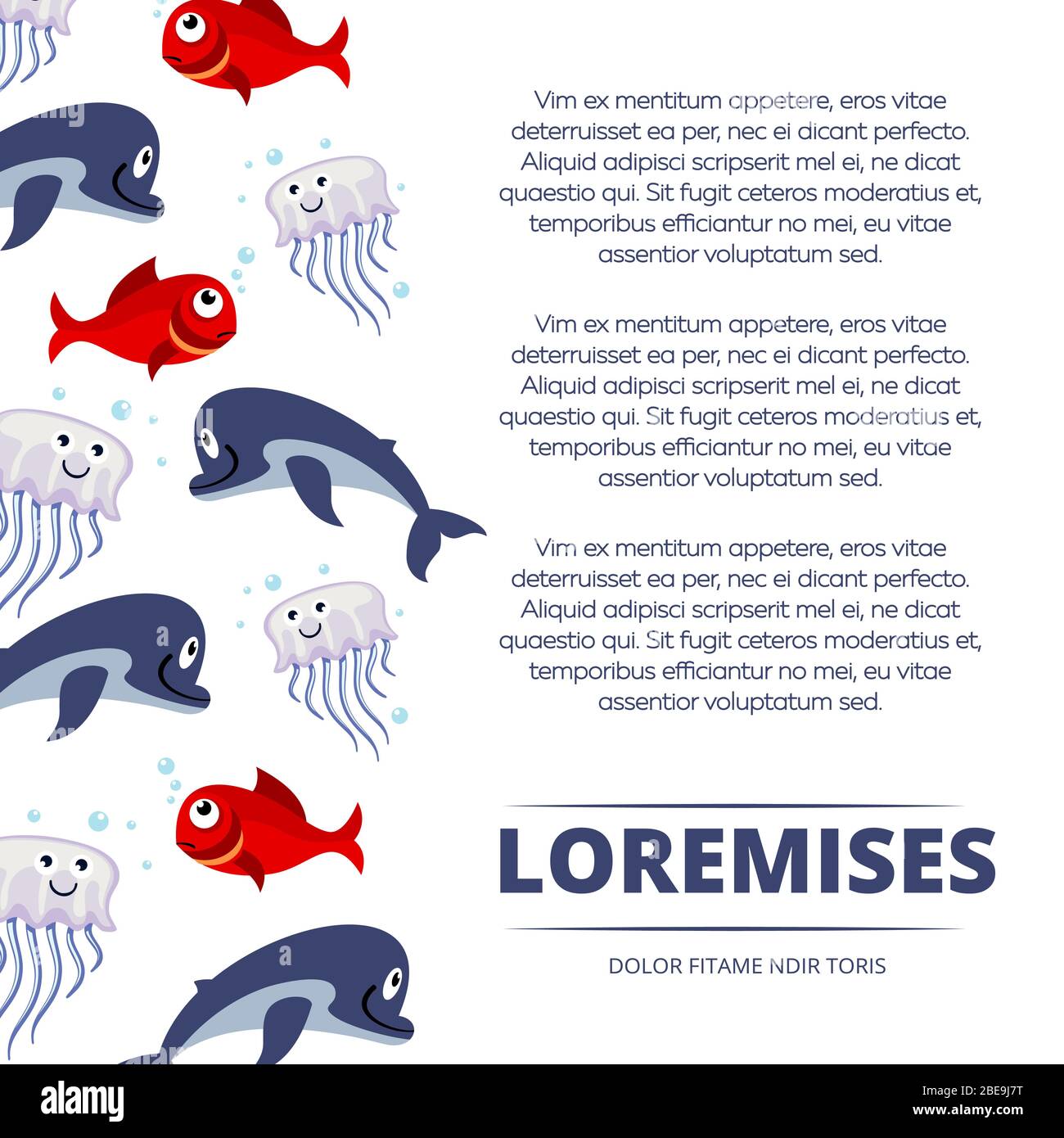 Wild Sea Animals poster design - sfondo con delfino carino, pesci e meduse. Illustrazione vettoriale Illustrazione Vettoriale