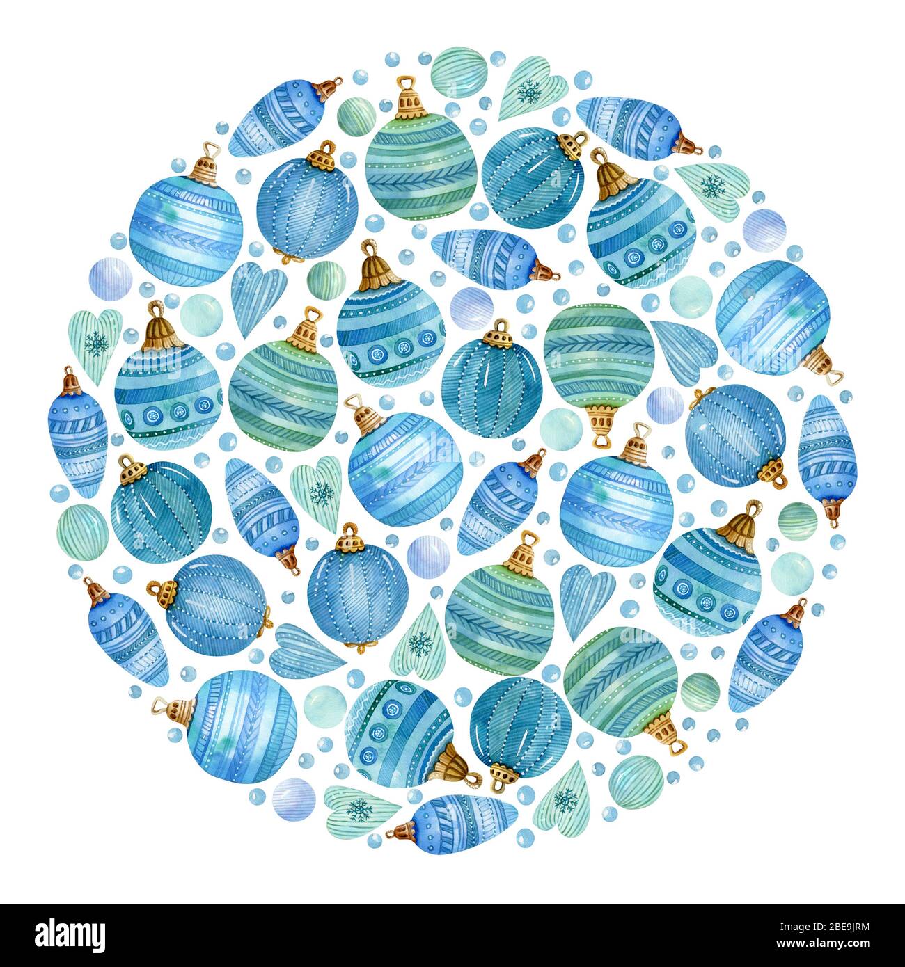 Cornice circolare di Natale con palle colorate, cuori e neve su sfondo bianco. Ideale per biglietti d'auguri, inviti, banner e poster. Foto Stock