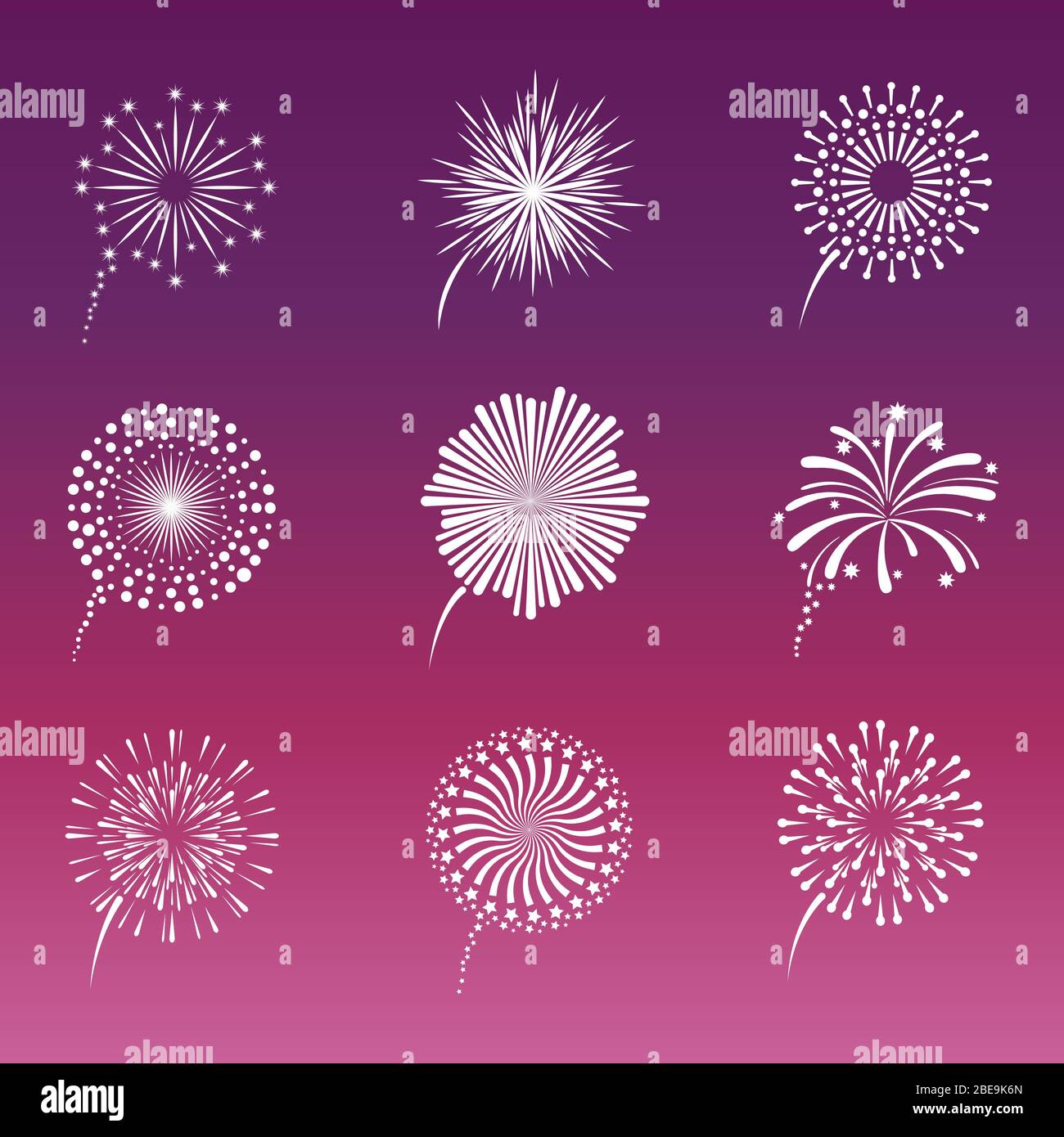 Collezione di fuochi d'artificio bianchi su sfondo rosa. Fuoco luminoso effetto decorazione. Illustrazione vettoriale Illustrazione Vettoriale