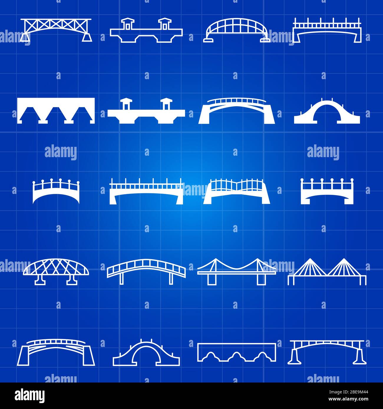Icone con contorno bianco e ponti a linee sottili. Schema ponte architettura città, illustrazione vettoriale Illustrazione Vettoriale