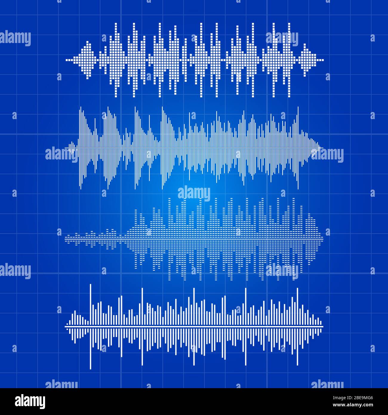 White Music Waves Collection - impulso musicale su sfondo blu. Equalizzatore onda sonora bianca digitale, frequenza, forma d'onda melodia a impulsi, illustrazione vettoriale Illustrazione Vettoriale