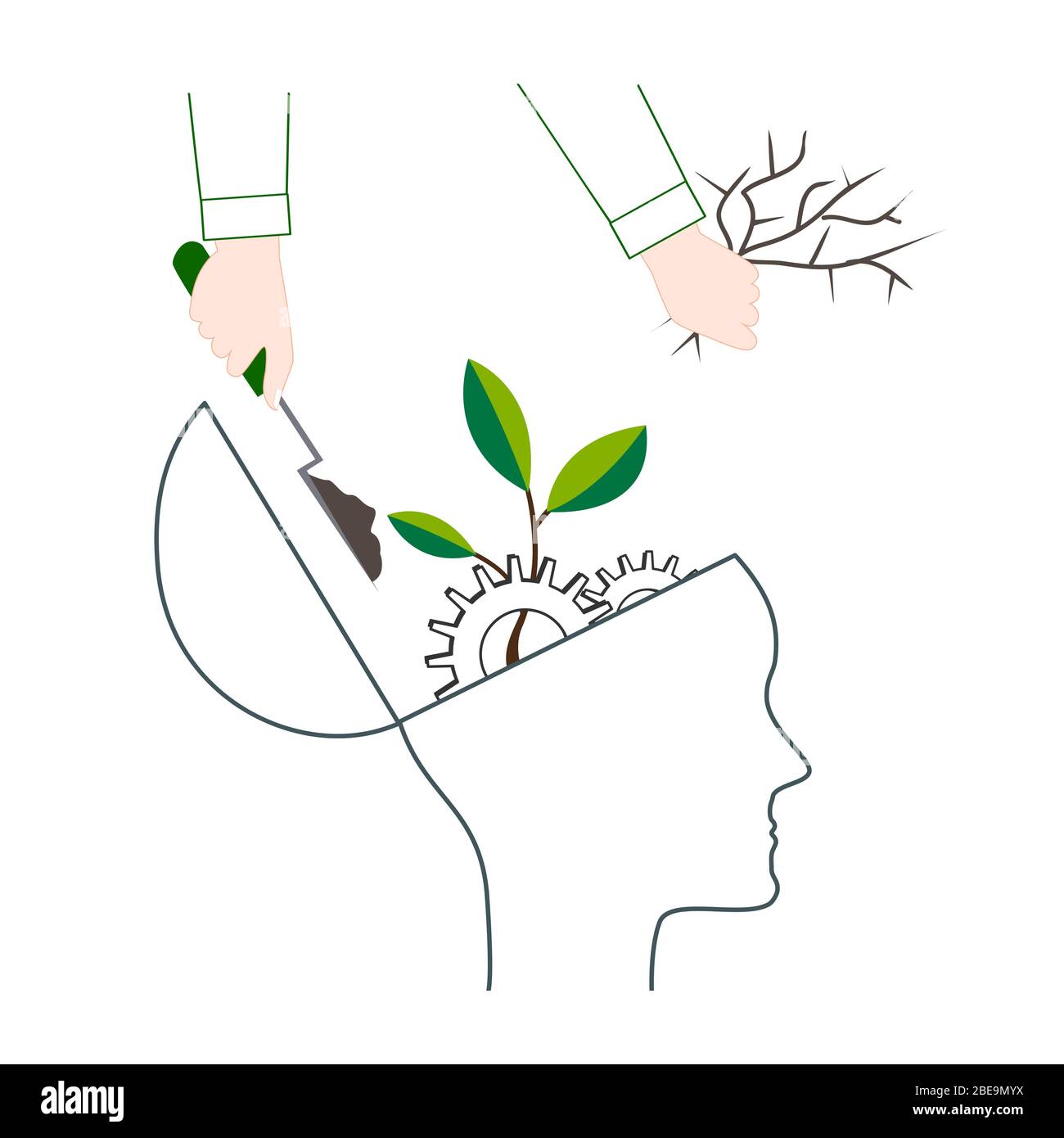 Simbolo di psicoterapia o NLP, icona di elaborazione del linguaggio naturale o di crescita mentale. Sviluppo personale e concetto di miglioramento di sé. Testa umana Illustrazione Vettoriale