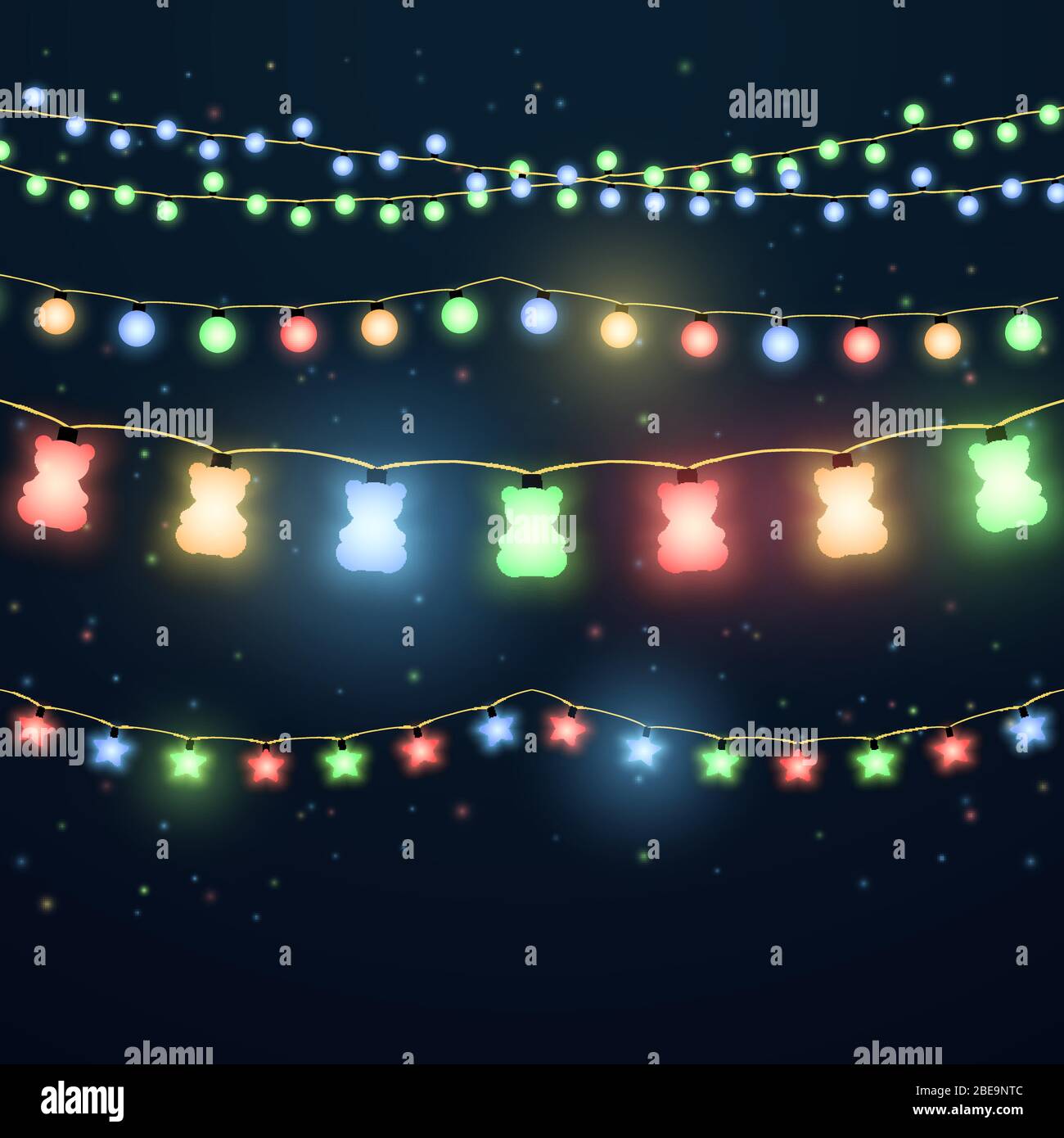 Set di coloratissimi ghirlande luminose per vacanze natalizie, colore lampadina natale a festa decorazione. Illustrazione vettoriale Illustrazione Vettoriale