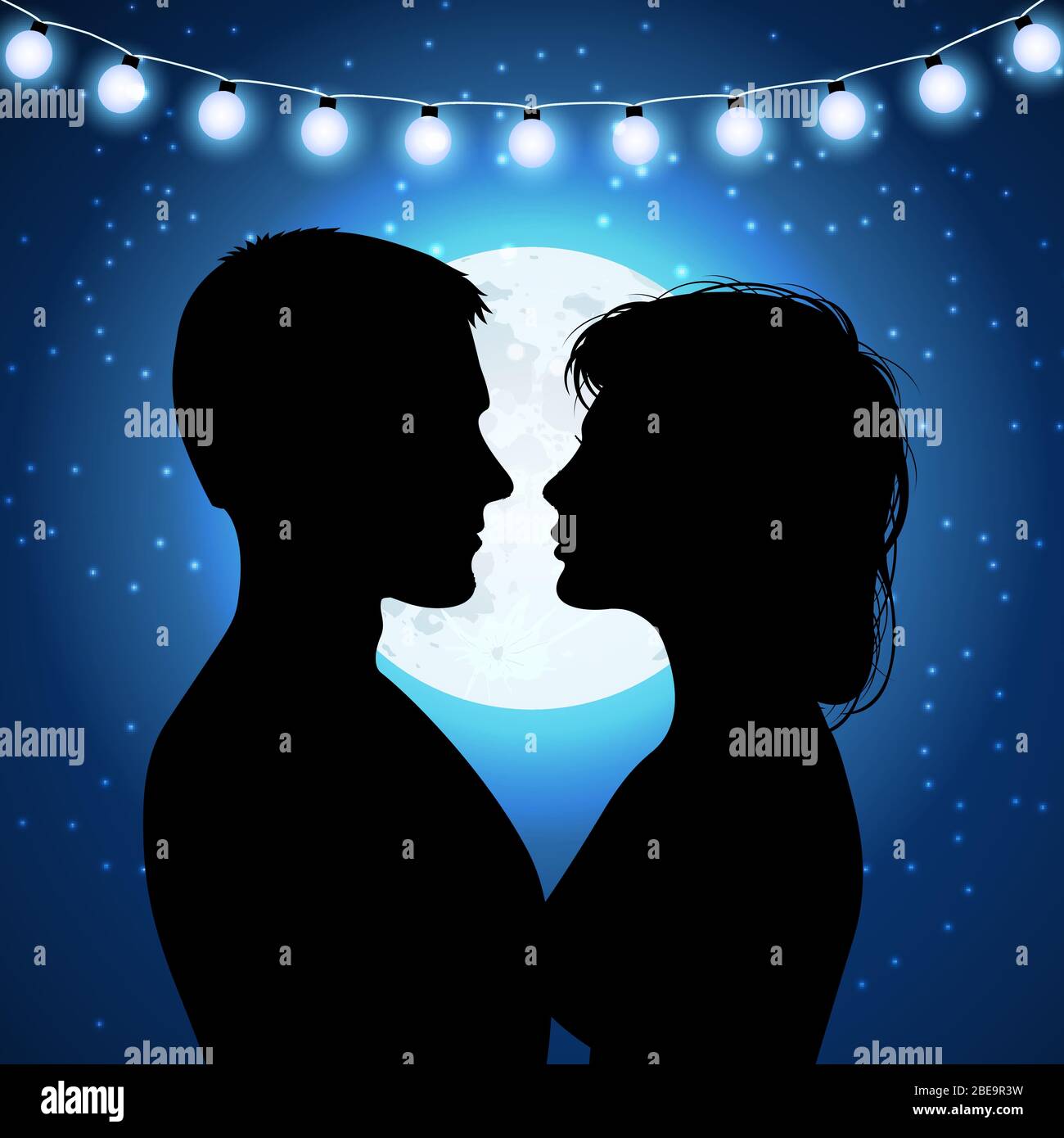 Silhouette di coppia sullo sfondo chiaro di luna. Coppia uomo e donna amano la silhouette al chiaro di luna. Illustrazione vettoriale Illustrazione Vettoriale
