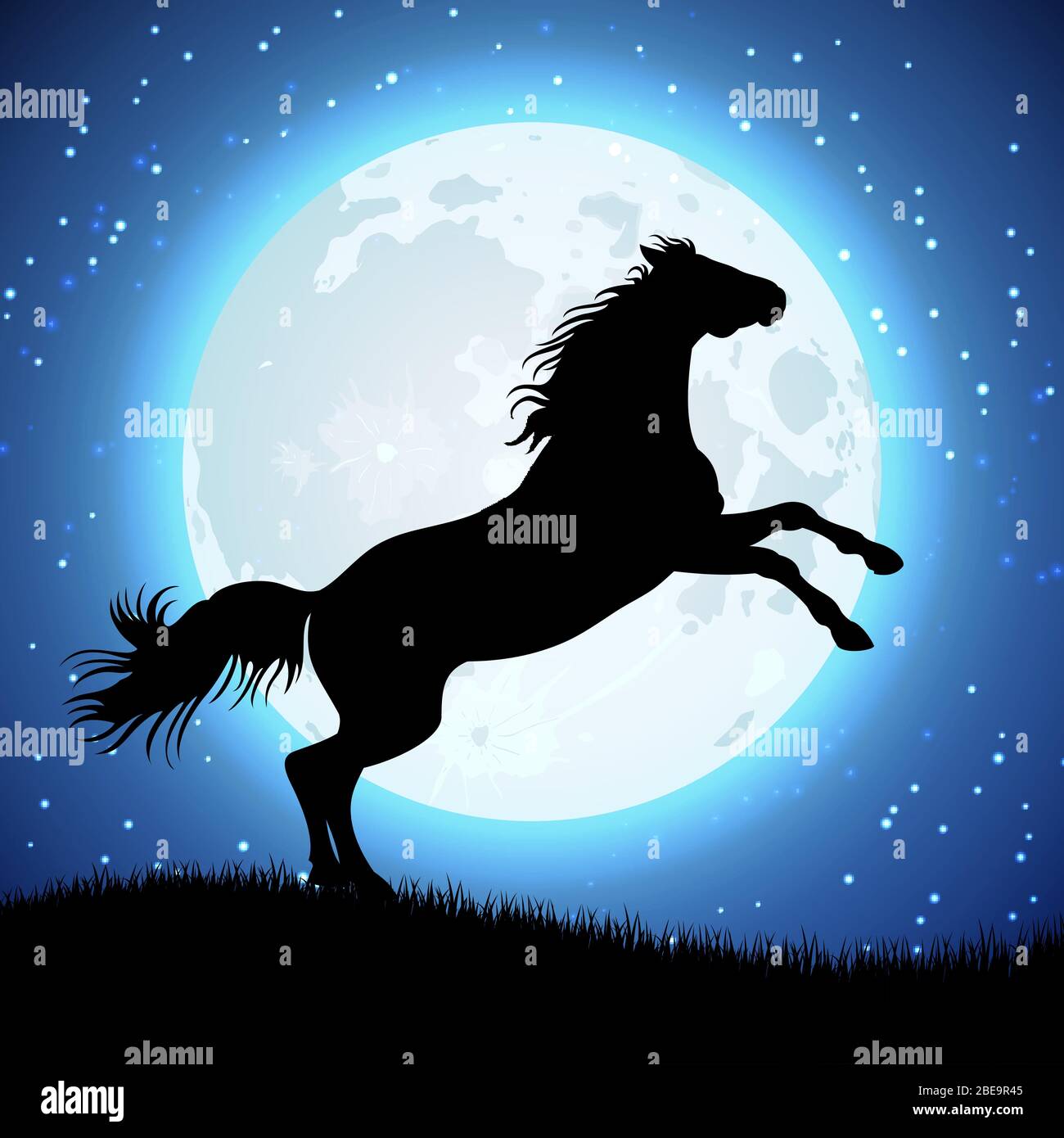 Silhouette di cavallo sullo sfondo lunare. Animale in luce luna. Illustrazione vettoriale Illustrazione Vettoriale