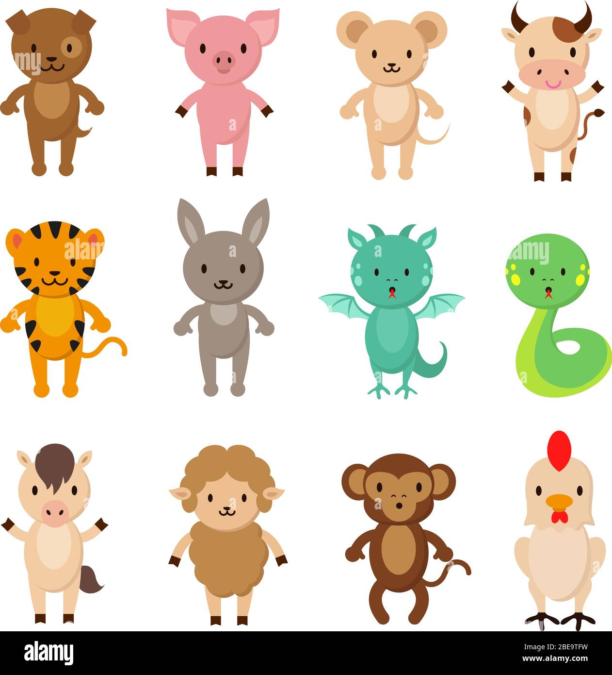 Animali zodiacali cinesi cartoni animati set di caratteri vettoriali. Drago e serpente, cane e coniglio, cavallo e scimmia, tigre e maiale illustrazione Illustrazione Vettoriale