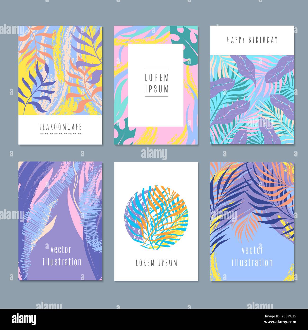 Disegno creativo vettoriale alla moda sfondi con grafica natura e foglie tropicali d'estate. Poster e banner per il disegno estivo Illustrazione Vettoriale