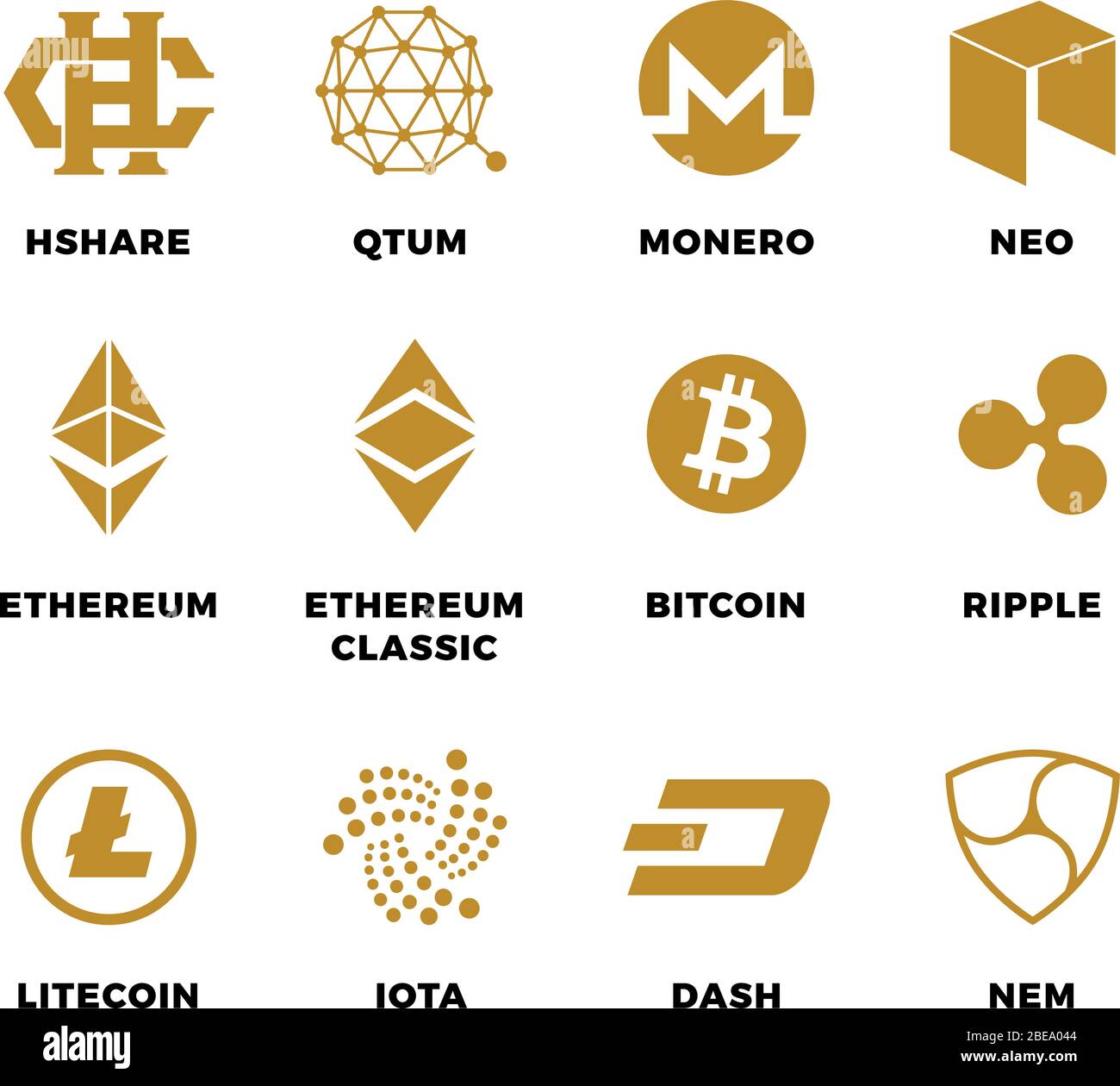 Simboli vettoriali di blockchain di bitrency di criptovaluta popolari. Immagine di bitcoin e criptovaluta, etereo e litecoina Illustrazione Vettoriale