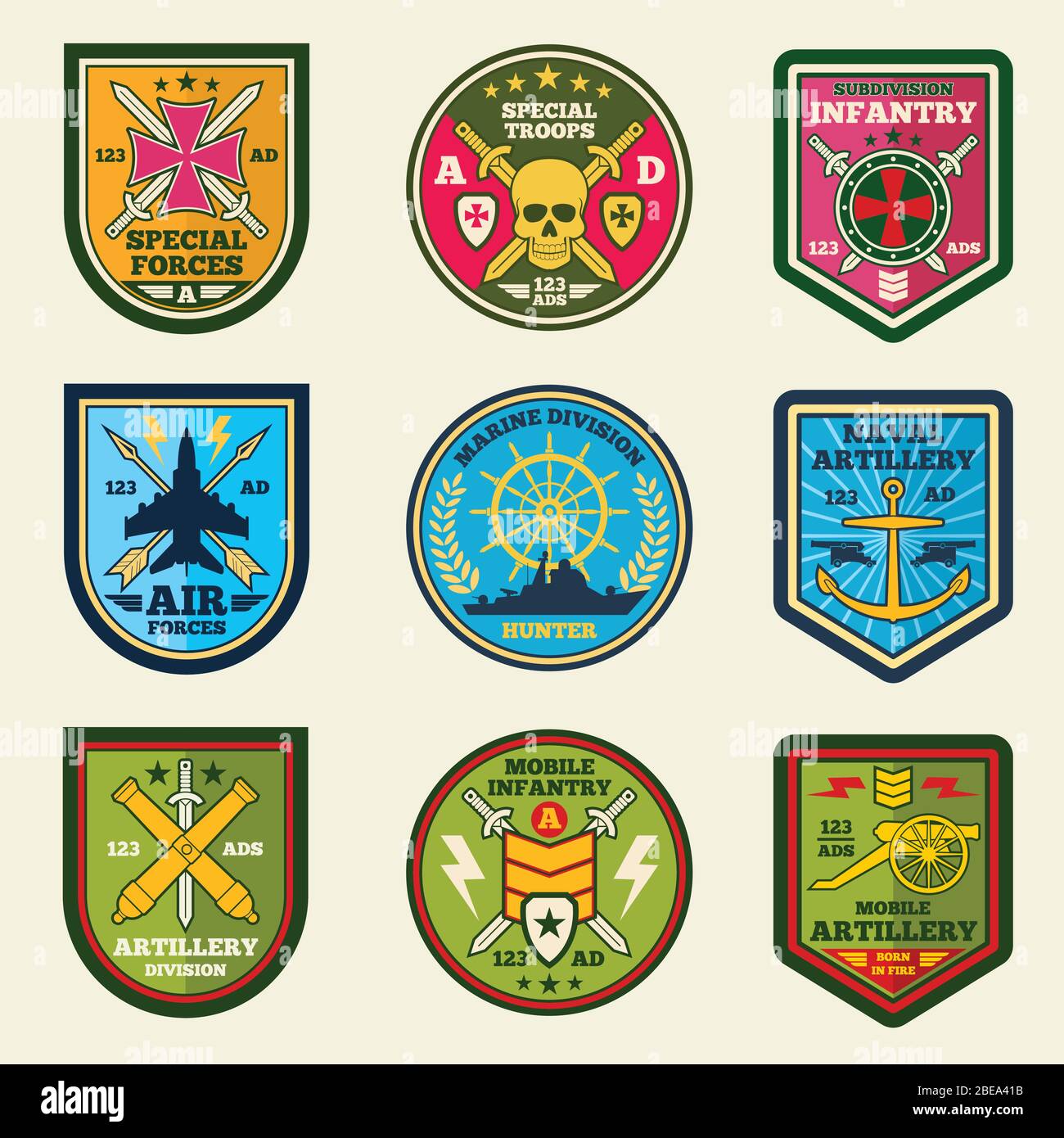Set di vettori patch militari. Emblemi e etichette delle forze