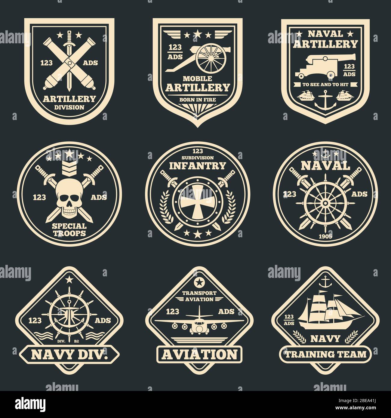 Emblemi, badge e etichette vettoriali militari e militari d'epoca. Etichetta e adesivo esercito aeronautico e fanteria illustrazione Illustrazione Vettoriale