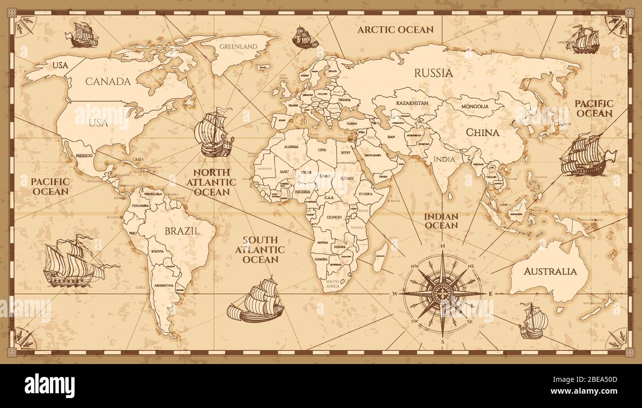 Mappa del mondo antico vettoriale con confini nazionali. Mappa d'epoca del mondo antico, illustrazione di grunge america ed europa Illustrazione Vettoriale
