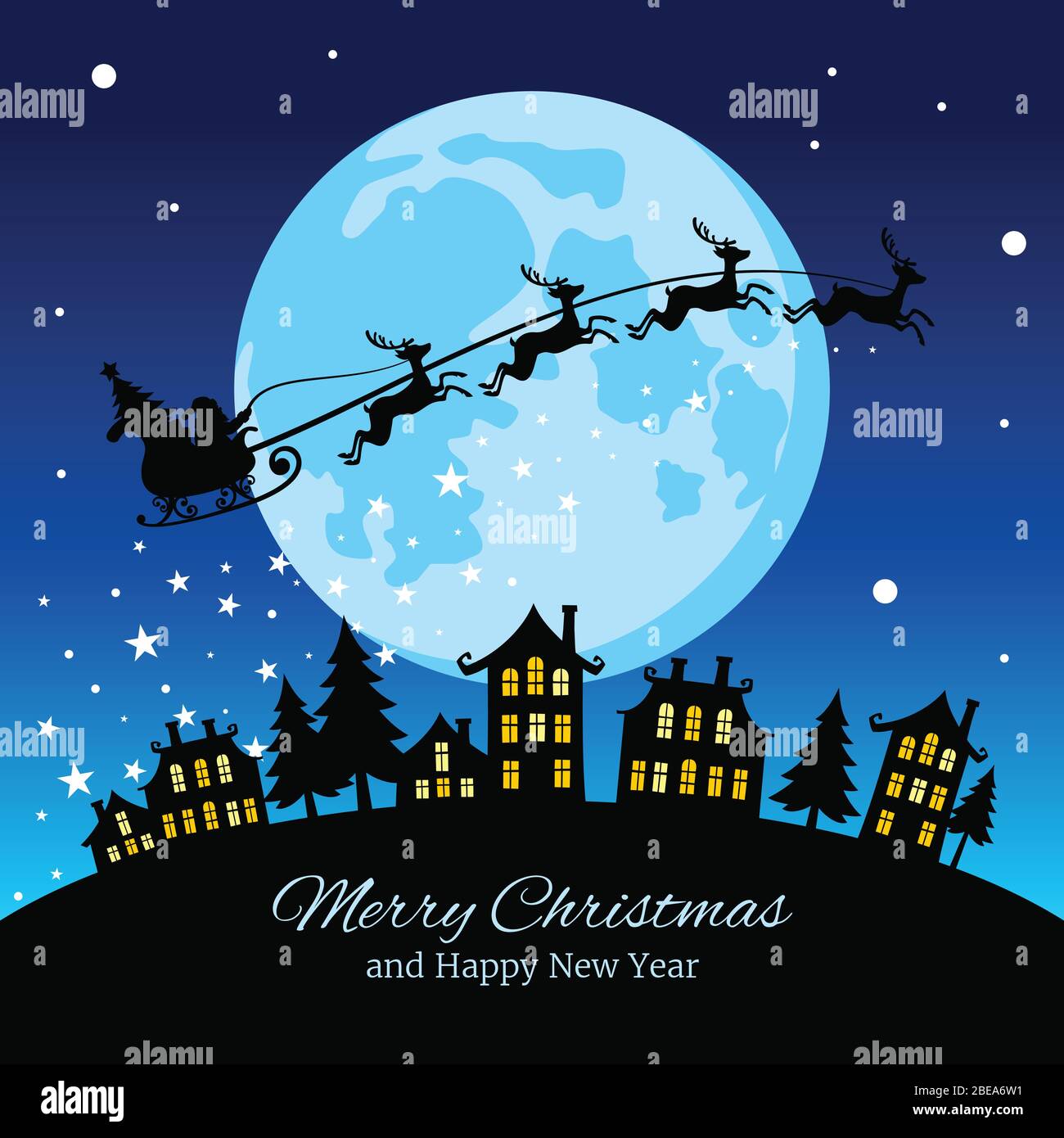 Biglietto di auguri di Natale con santa e cervi volare cielo sopra città illustrazione vettoriale. Santa e renne nel cielo notturno Illustrazione Vettoriale