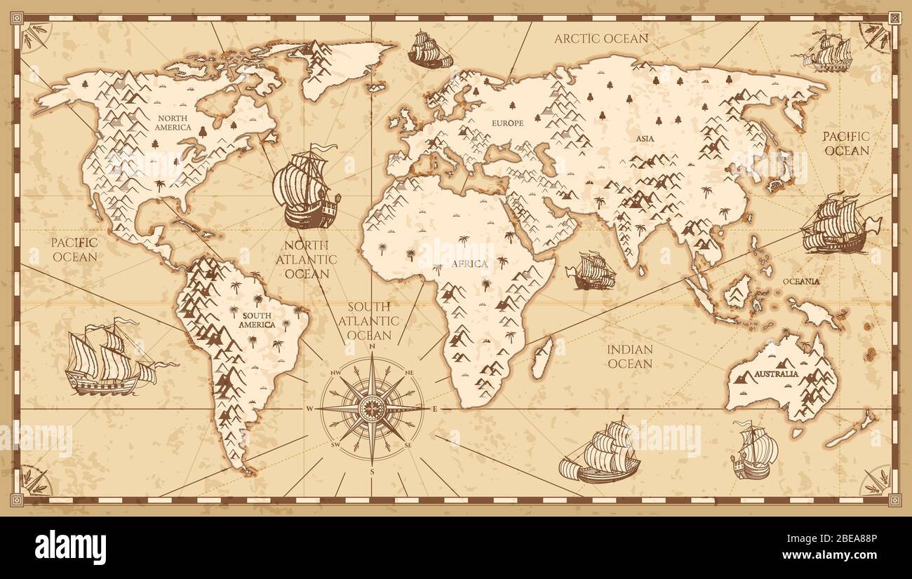 Mappa del mondo fisico vintage con illustrazione vettoriale di fiumi e montagne. Mappa del vecchio mondo d'epoca retrò con nave da viaggio antica Illustrazione Vettoriale
