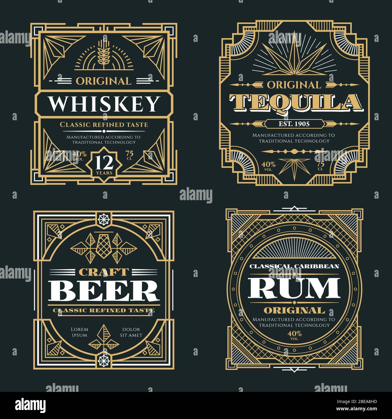 Etichette vettoriali Vintage per whisky e bevande alcoliche in stile art deco retrò. Illustrazione del poster di rum e tequila con whisky alcolico Illustrazione Vettoriale