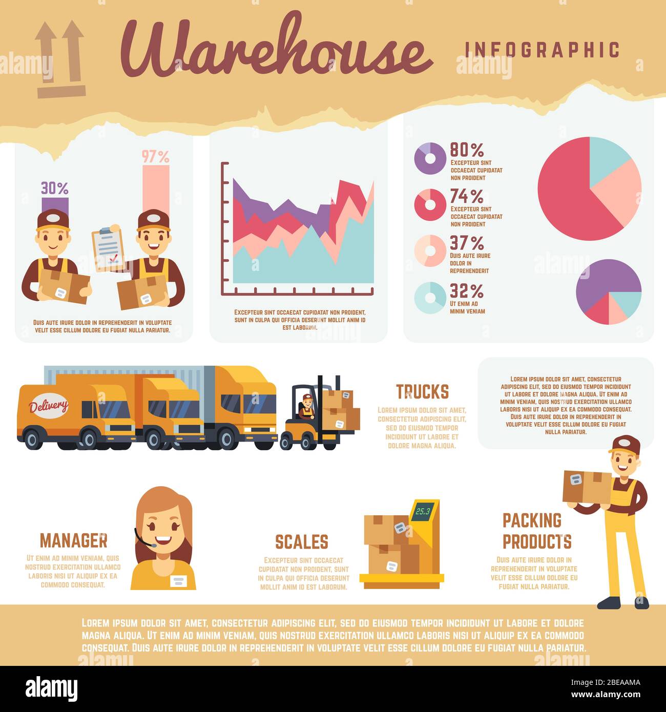 Infografica del settore dell'imballaggio e dei vettori logistici con operatori di warehouse building, camion e spedizioni. Camion di trasporto e illustrazione logistica della consegna Illustrazione Vettoriale