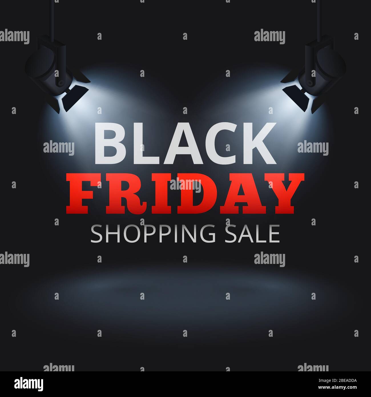Black Friday vendita sfondo vettoriale con faretti sul palco e testo illuminato. Banner sconto black friday, illustrazione pubblicitaria promozione Illustrazione Vettoriale