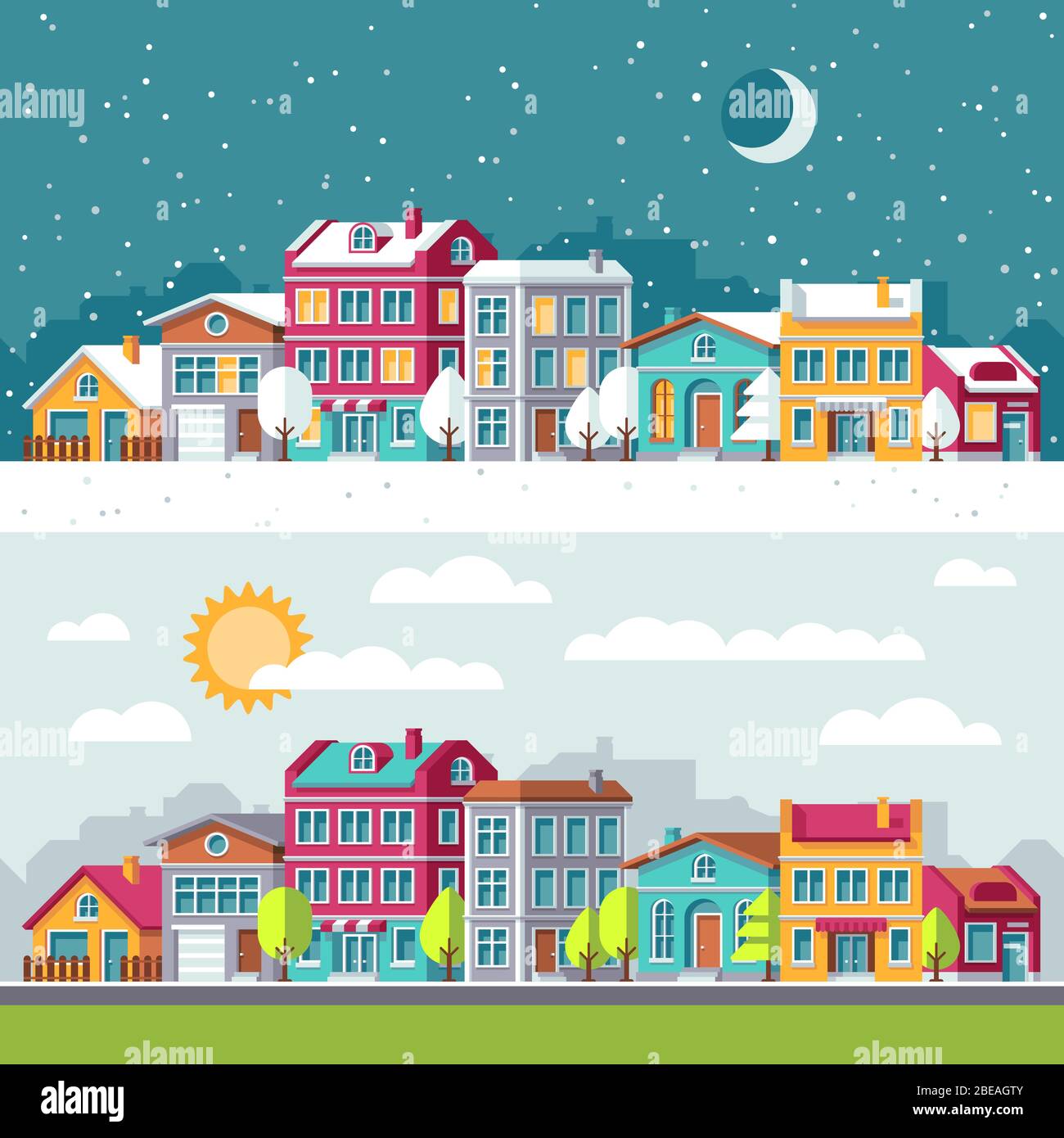 Paesaggio invernale ed estivo con città case a vettore piatto illustrazione. Edificio urbano architettura strada cittadina Illustrazione Vettoriale