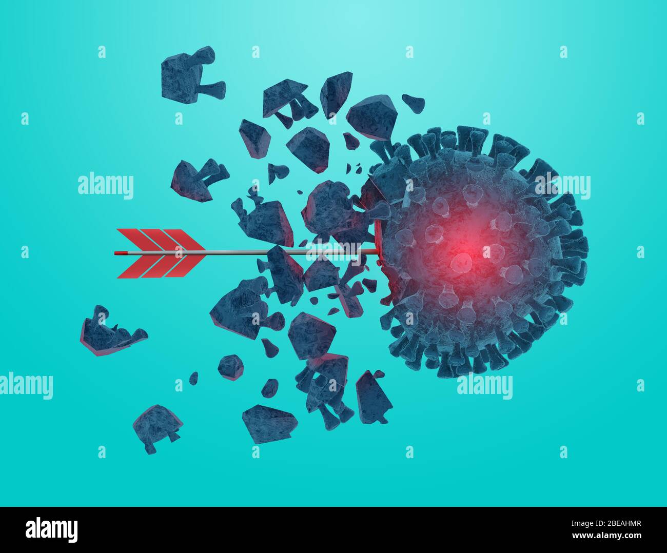 La freccia colpisce e distrugge il coronavirus codifica19. Sfondo ciano Foto Stock