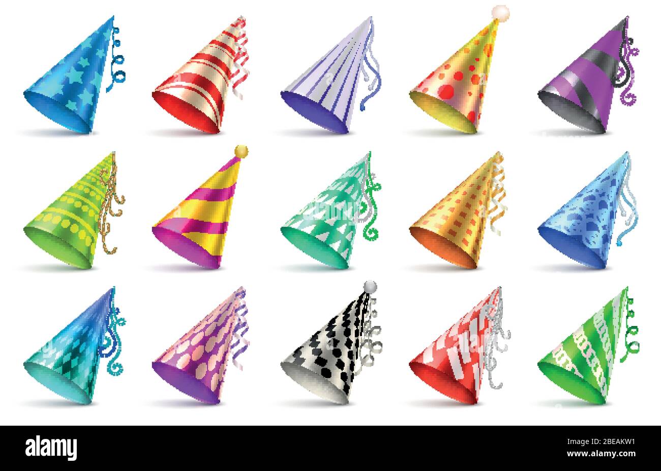 Carta compleanno festa cappelli isolato. Cappellini divertenti per set vettoriale per la celebrazione. Cono per il compleanno per l'illustrazione Illustrazione Vettoriale