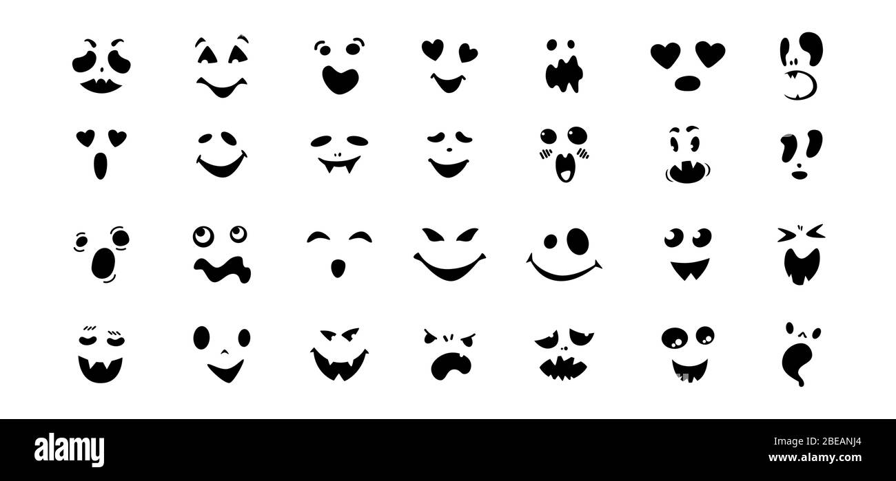 Set di cartoni animati piatti dalle facce spaventose e divertenti. Collezione Halloween mostri carini e spettrali, zucca o fantasma. Personaggio divertente e divertente. Molti fantasmi Halloween concetto. Illustrazione vettoriale Illustrazione Vettoriale