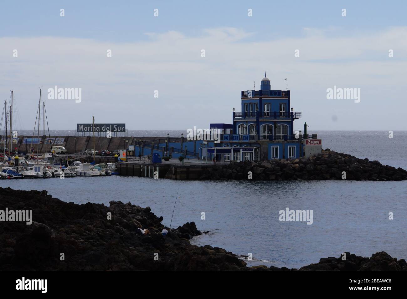 blaues Haus an der Hafeneinfahrt, Las Galletas, tenero, Kanaren, spagnolo Foto Stock