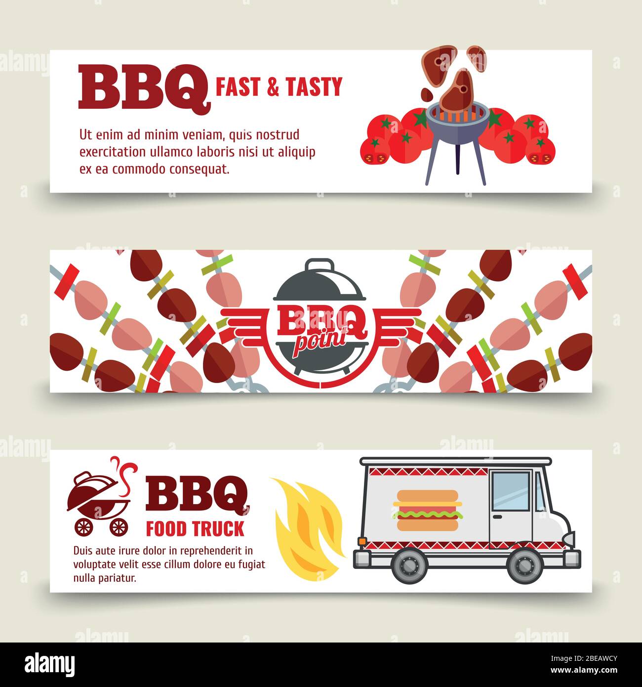 Modello banner orizzontali per barbecue e bistecche. Carne, barbecue e un camion da cucina su sfondo bianco. Illustrazione banner set vettoriale Illustrazione Vettoriale