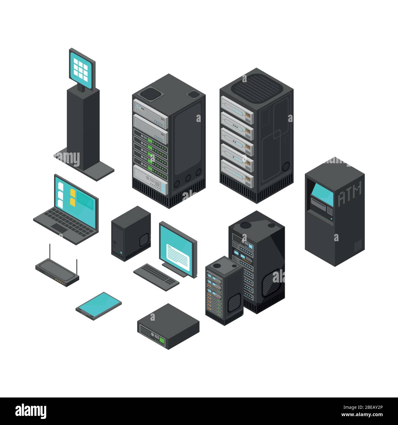 Tecnologia isometrica e icone bancarie. Illustrazione vettoriale piatta. Computer e laptop con rete hardware di sistema Illustrazione Vettoriale