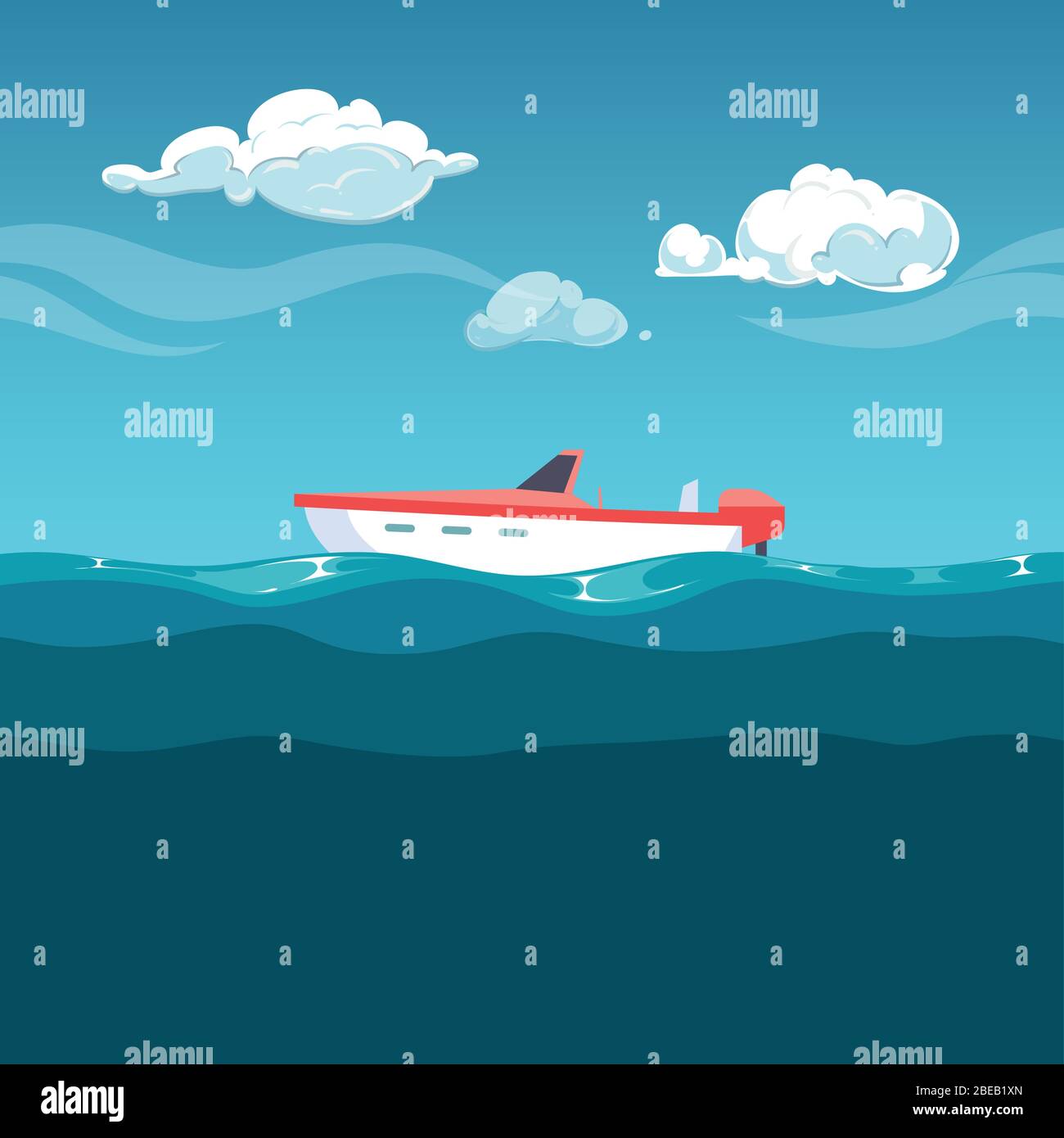 Illustrazione del mare. Barca rossa che oscura sul vettore oceano delle onde Illustrazione Vettoriale