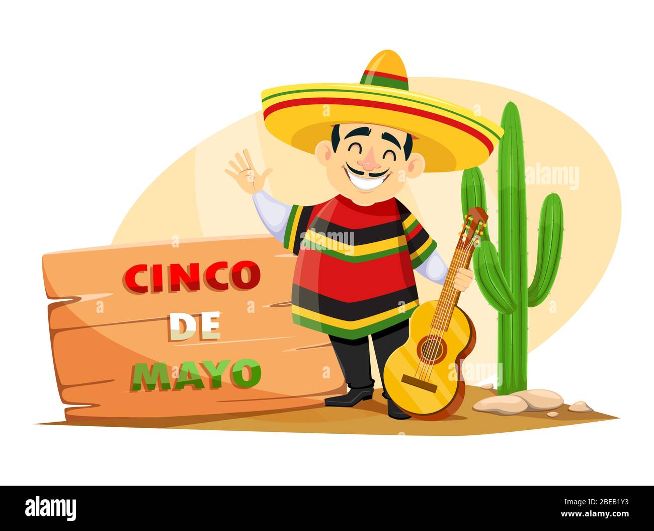 Biglietto d'auguri Cinco De Mayo con un allegro messicano in un sommero con chitarra. Personaggio divertente cartoon. Illustrazione vettoriale Illustrazione Vettoriale