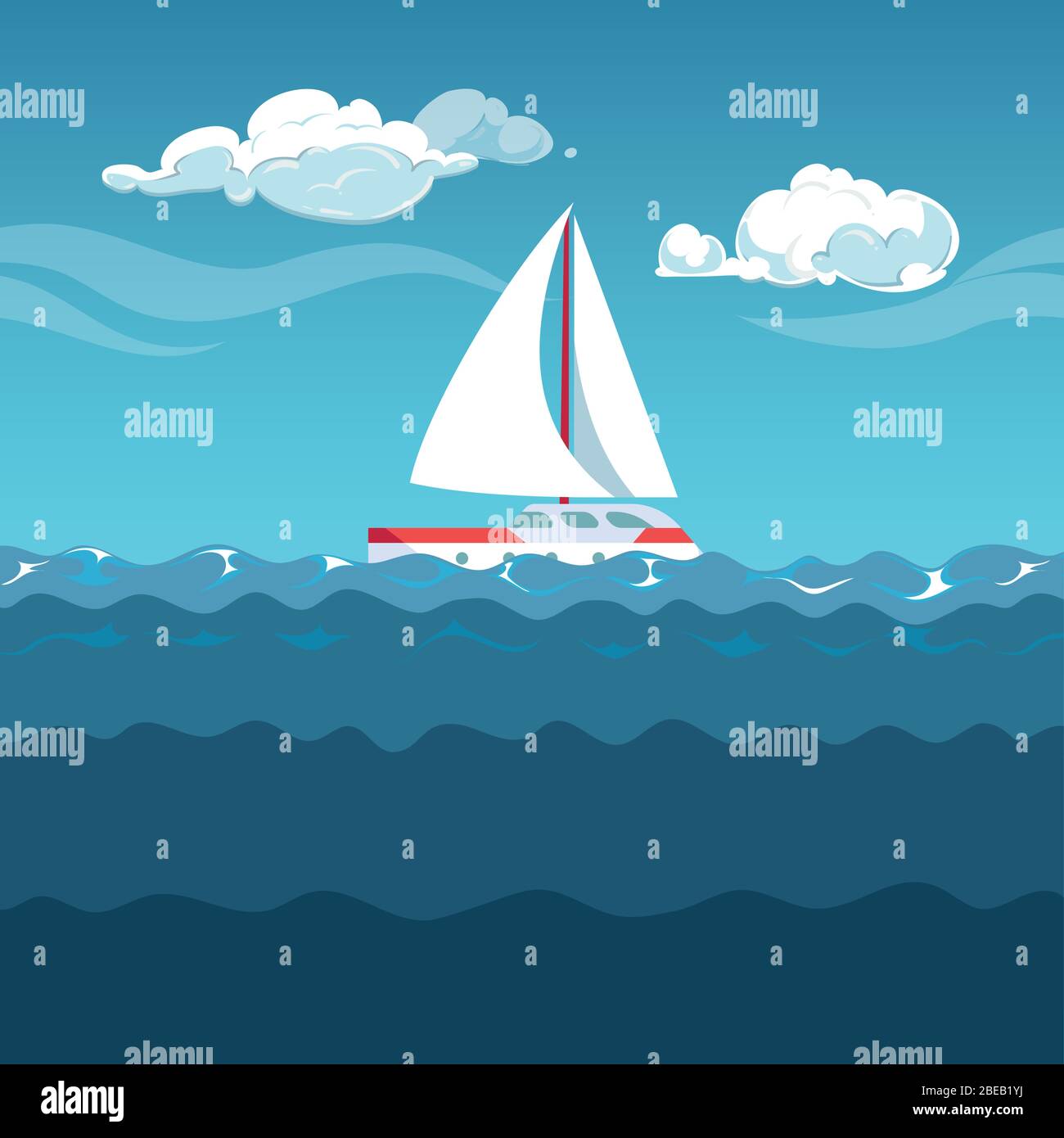 Illustrazione del mare. Barca a vela bianca su onde piccole vettore oceano Illustrazione Vettoriale