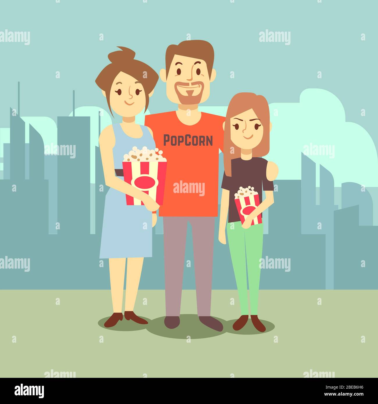 Cartoon famiglia felice con popcorn sul paesaggio della città. Illustrazione vettoriale Illustrazione Vettoriale