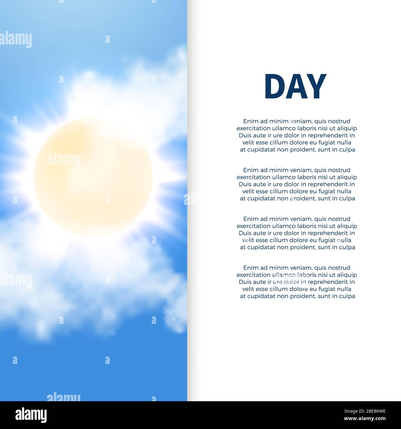 Sunny day poster banner design con testo sole e nuvole. Illustrazione vettoriale Illustrazione Vettoriale