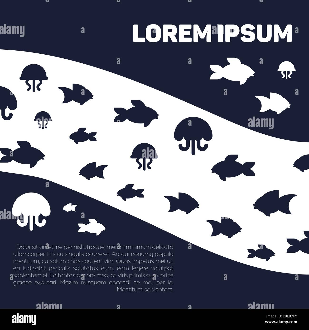 Blu vita marina o oceano con pesci e meduse. Poster con illustrazione vettoriale Illustrazione Vettoriale