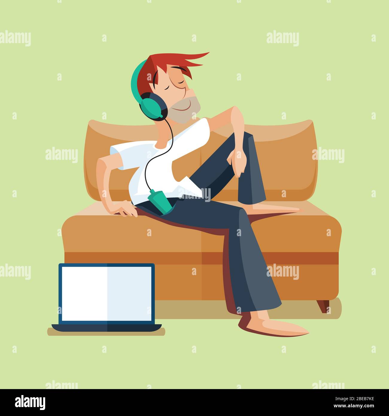 Uomo che riposa sul divano con musica e notebook. Illustrazione vettoriale Illustrazione Vettoriale