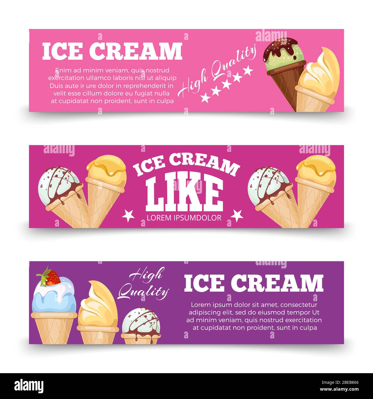 Set di template per striscioni di gelato colorati. Carta banner per gelato, illustrazione vettoriale Illustrazione Vettoriale