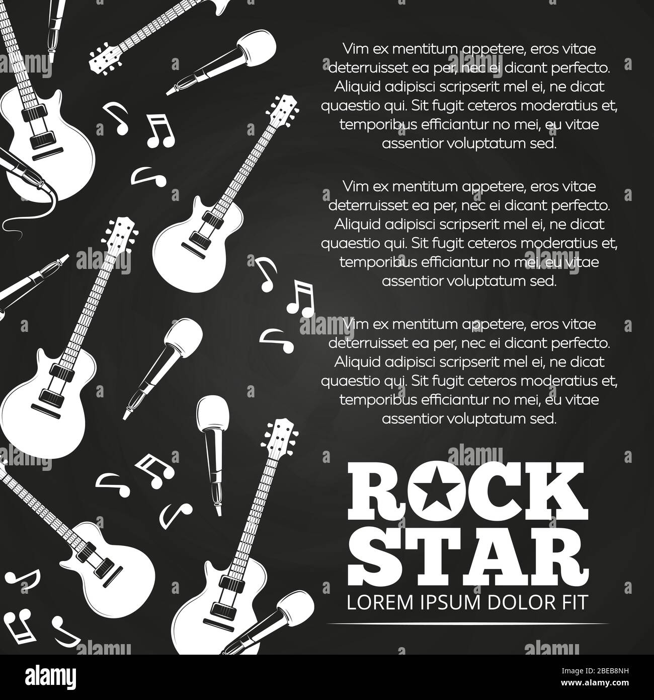 Poster rock star con lavagna. Banner musicale, illustrazione vettoriale monocromatica Illustrazione Vettoriale